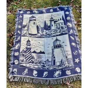 VINTAGE Crown Crafts Blanket Home Decor Lighthouse Nautical Throw Tapestry Sea